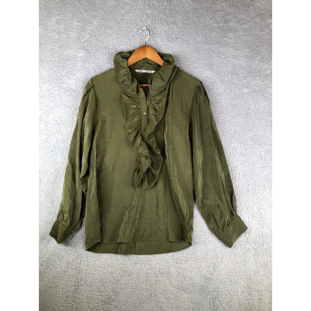 Zara ruffle front button up olive green size small